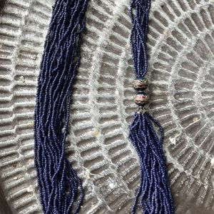 Pier 1 Blue MultiStrand Seed Beads Neckace w 2 Lrg Silver Beads&Toggle India